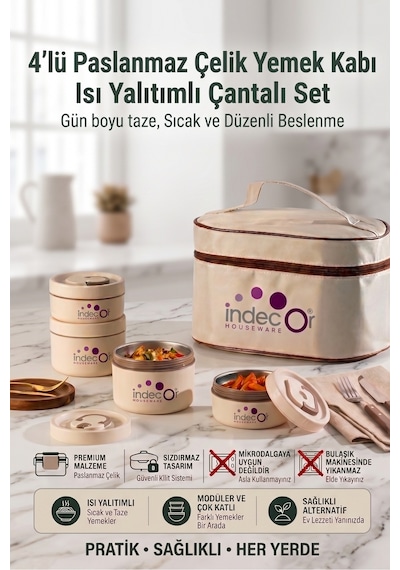 Isı Yalıtımlı Çantalı 4 Parça Vakumlu Lunch Box Yemek Termosu Beslenme Kutusu Sefer Tası Krem