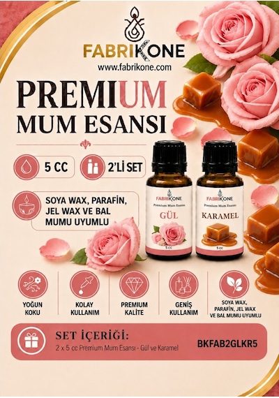 Premium Mum Esansı 5 Cc 2'li Set - Gül, Karamel - Soya Wax, Parafin, Jel Wax Ve Bal Mumu Uyumlu Bkfab2glkr5 Karışık
