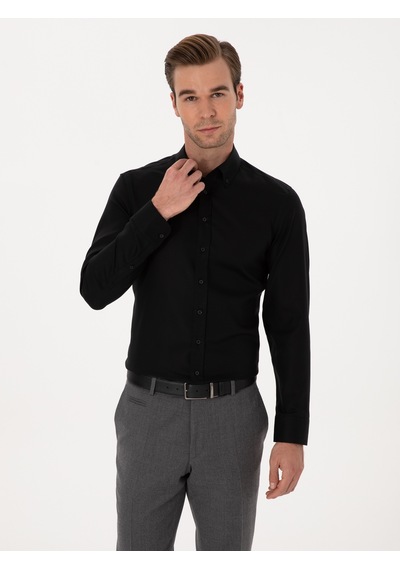 Cacharel Siyah Slim Fit %100 Pamuk Yakası Düğmeli Oxford Gömlek