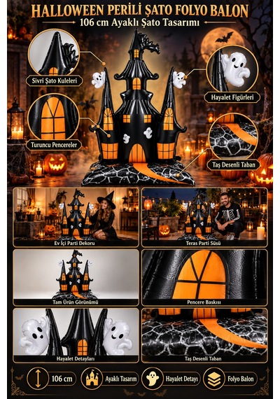 Halloween Cadılar Bayramı Ayaklı Perili Şato Folyo Balon 106 Cm Siyah Turuncu Hayaletli Oda Süsü Çok Renkli