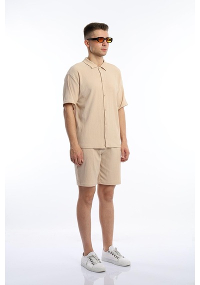 Polo State Erkek Crinkle Kumaş Gömlek - Şort Takım - Bej