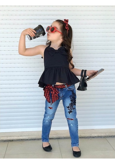 Quzucuk Kids Kız Çocuk Ekose Detaylı Pantolonlu Takım Çok Renkli