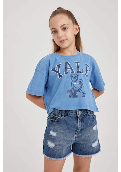 Defacto Kız Çocuk Yale University Relax Fit Bisiklet Yaka Kısa Kollu Tişört A5236A823HSBE105 Mavi