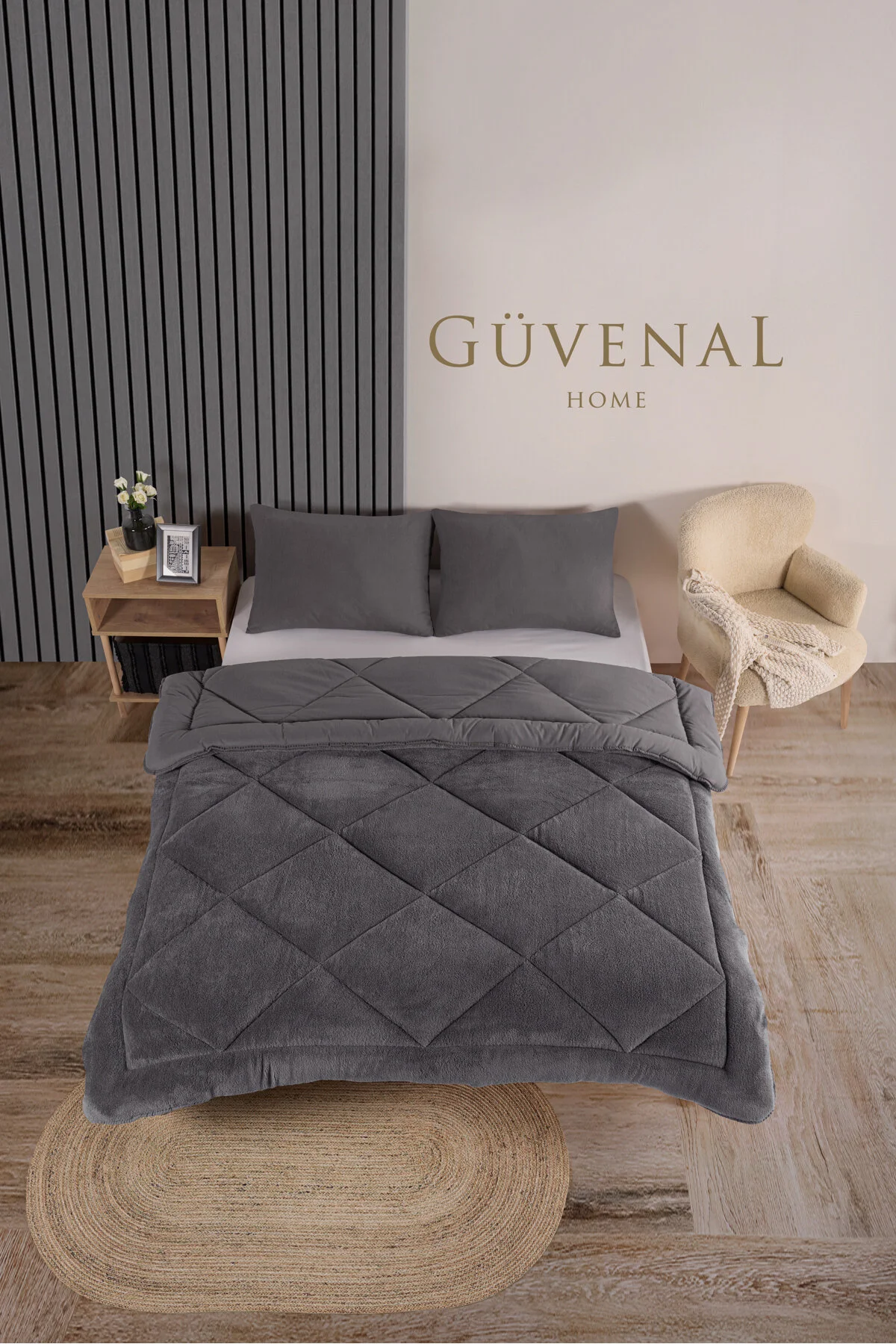 Güvenal Elite Wellsoft Çift Kişilik Çift Taraflı Yastık Kılıflı Lüx Yorgan Seti Yorgan Uyku Seti Çeyiz Antrasit