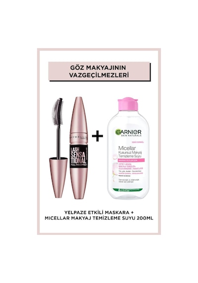 Maybelline New York Lash Sensational Intense Black Maskara Ekstra Siyah + Garnier Micellar Makyaj Temizleme Suyu 200 ML