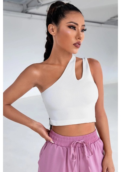 Angbutik Kadın Beyaz Tek Omuz Cut Out Detaylı Crop Top Bluz