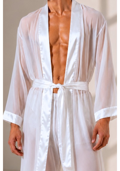 Qmen Style Erkek Şifon Kimono- Pijama - Şort Seti Beyaz