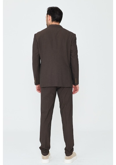 Kahverengi Çizgili 6 Drop Erkek Slim Fit Takım Elbise Kahve