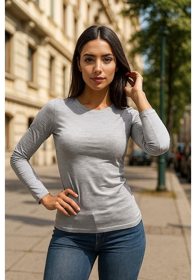 Kadın Gri Bisiklet Yaka Slim Fit Basic Tişört - Uzun Kollu Pamuklu T-shirt Bluz Çok Renkli