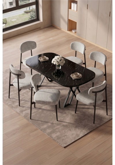 Robii 90x168 Siyah Mermer Mdf Masa, Metal X Ayak, Metal Polo Sandalye, 6 Kişilik Mutfak Masası Takımı Ve Yemek Masası Takımı Açık Gri Robii 90x168 Siyah Mermer Mdf Masa, Metal X Ayak, Metal Polo Sandalye, 6 Kişilik Mutfak Masası Takımı Ve Yemek Masası Takımı Açık Gri