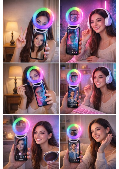 Rgb Selfie Işığı Aynalı Telefon Klipsli Halka Işık Led Selfie Lambası Video Çekim Canlı Yayın Makyaj