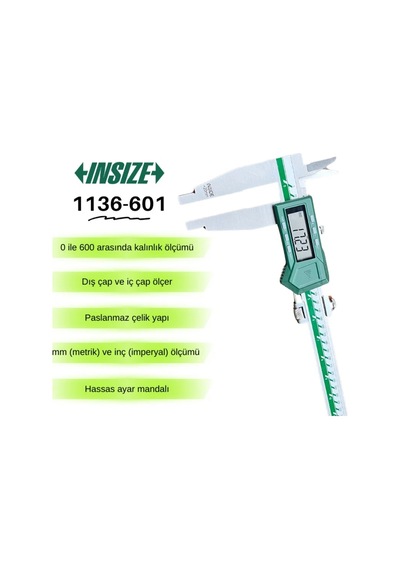 Insize 1136-601 Dijital Kumpas Çift Çeneli / İç Çap Ölçer, Çene:100mm 0-600mm/0-24" - 0.01mm