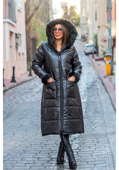 Veraura Lifestyle Siyah Kapüşonu Kürklü Kolları Kürklü Büyük Beden Uzun Şişme Kaban