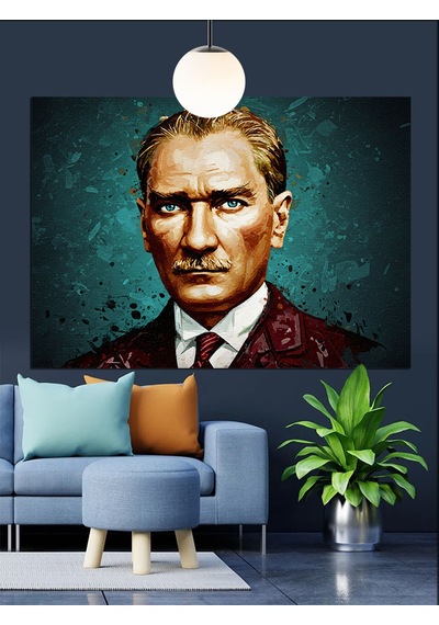Yeşil Fonlu Atatürk Portresi Dekoratif Kanvas - Mdf Ahşap Tablo