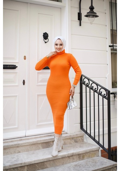 Hira Life Fashion Kadın Elbise Tesettür Giyim Balıkçı Yaka Ve Dar Kesim Triko Kalem Elbise Orange Orange Hira Life Fashion Kadın Elbise Tesettür Giyim Balıkçı Yaka Ve Dar Kesim Triko Kalem Elbise Orange Orange
