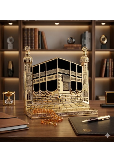 Allah & Muhammed S.a.v Kabe Kapısı Figürlü Özel Tasarım Gold Renkli Masa Üstü Biblo 25 Cm