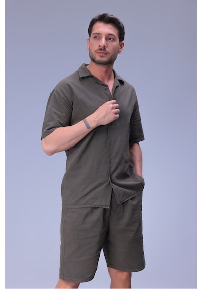 Erkek Rahat Kalıp Cepli Keten Gömlek Ve Beli Lastikli Şort Yazlık Oversize Takım Haki