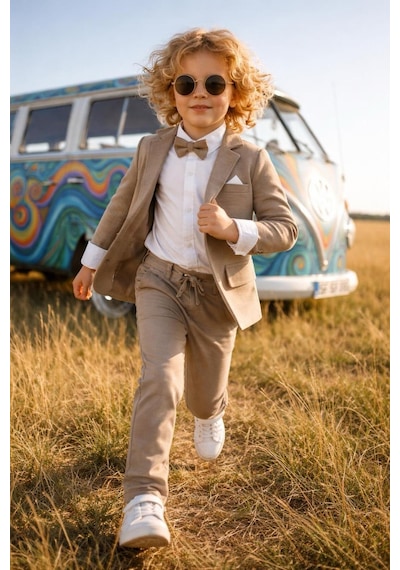 Baby Kids Colors Erkek Çocuk Flamlı Keten Salaş Ceketli Takım Elbise / Gömlek Pantolon Ceket Papyon Keten Takım Kahverengi