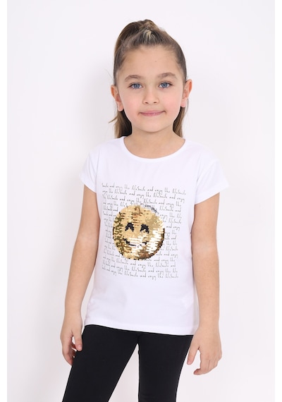 Toontoy Kids Toontoy Kız Çocuk Gülen Yüz Pullu Nakış Tişört Beyaz