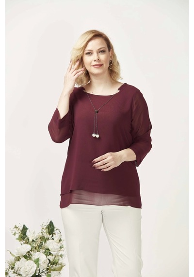 Moda Berray 1934 Kolyeli Şifon Büyük Beden Şık Bluz Bordo Bordo