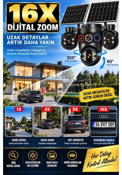 20mp 4 Lensli Solar Güvenlik Kamerası 16x Dijital Zoom Çift Solar Panel Full Hd Gece Görüş Siren Hieasy