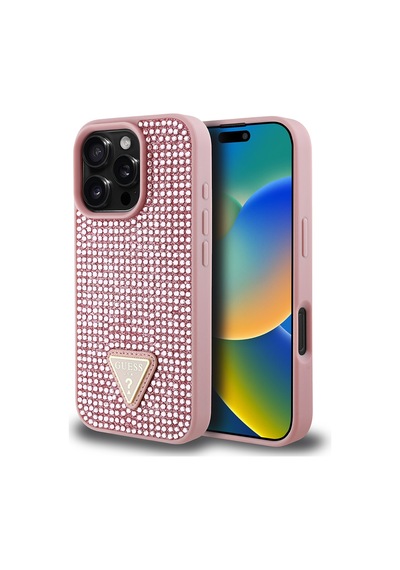 Apple Uyumlu iPhone 16 Pro Max Kılıf Guess Lisanslı Üçgen Logolu Taşlı Kapak Pembe