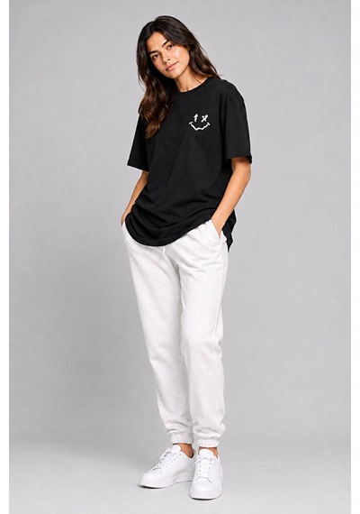 Nevermind Sevgili Kombini Smiley Baskılı Çift Tişört Oversize Unisex %100 P Siyah