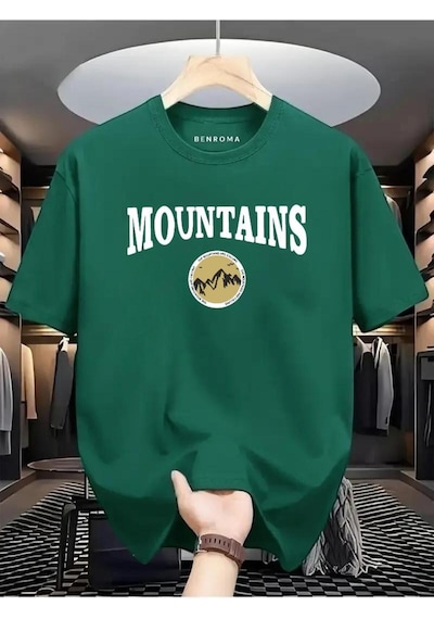 Mountaıns Baskılı Oversize Tişört Yeşil