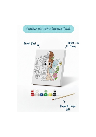 Sevimli Peri Temalı Çocuk Boyama Tuvali Şövalesiz Eğitici Boyama Seti 20x20 Cm