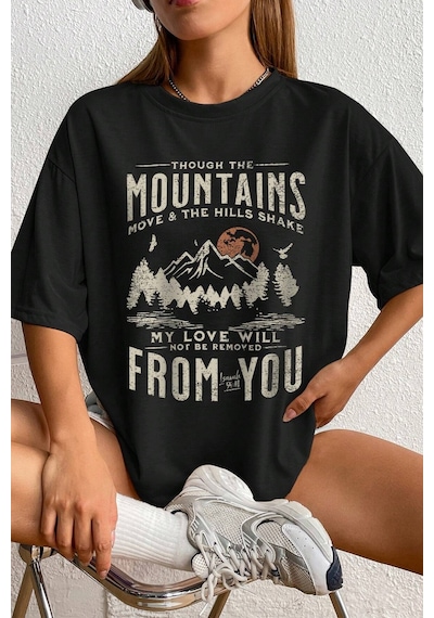 Unisex Mountains Baskılı Tasarım Tshirt Siyah
