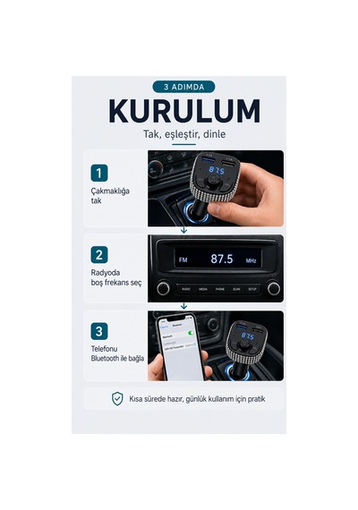 Araç İçi Kristal Gümüş Taşlı Fm Transmitter Bluetooth 2 Usb Oto Çakmaklık