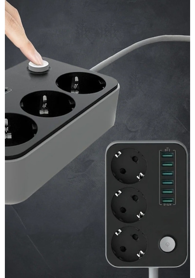 Portatif Tasarım Akım Korumalı 2 Metre 3 Lü Priz 6 Usb Port Çoklu Şarj Aleti
