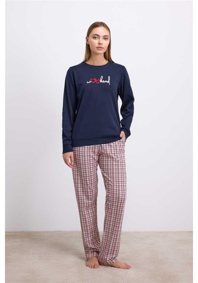 Findit %100 Pamuklu Uzun Kol Sweatshirt Ve Ekose Pantolon Pijama Takımı Lacivert
