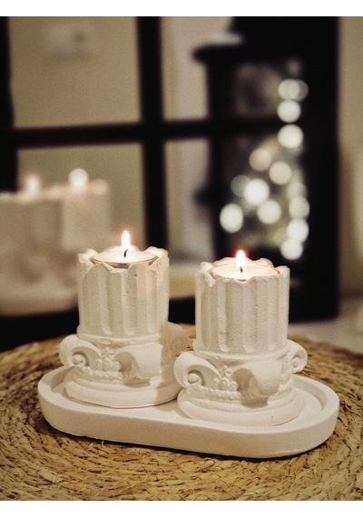 Tepside Dekoratif 2'li Yıkılmış Roma Sütunu Tealight Mumluk 8cm Ve 2 Adet Tealight Mum Hediyeli Beyaz