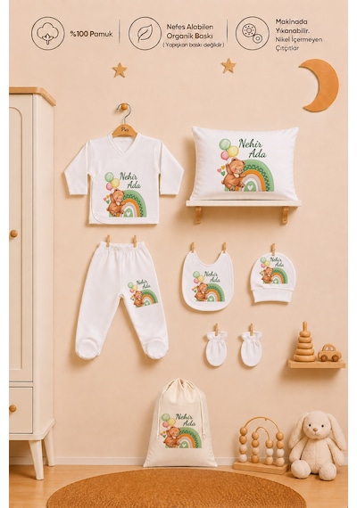 Pia Baby İsimli Kız Bebek %100 Pamuk Zıbın Set Yastık Kılıfı Battaniyeli Kıyafet Keseli 2083zybk0x Krem