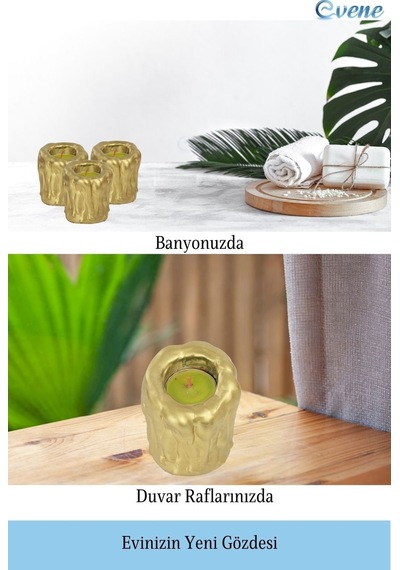 Mumluk Şamdan 3 Adet Tealight Uyumlu Üçlü Orta Erimiş Mum Model - Altın