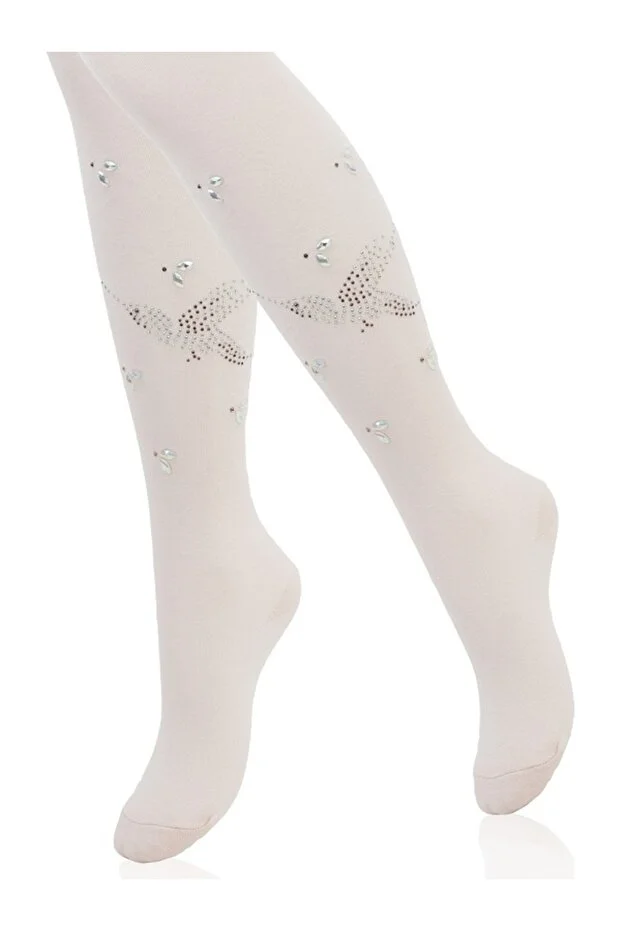 Veraye Socks Kız Külotlu Çorap Sinek Kuşu Taş Baskılı Pamuklu Penye 3'lü Beyaz-krem-pembe