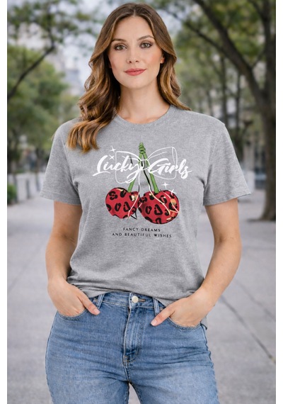 Herkesemoda Luck Girls Baskı Detaylı Basic T-shırt Gri