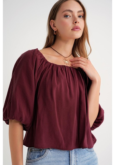 Mixray 4706 Kadın Sırtı Açık Balon Kol Straplez Bluz Bordo
