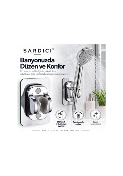 Sardıcı Krom Kendinden Yapışkanlı Duş Başlığı Askısı Ayarlanabilir Mafsallı