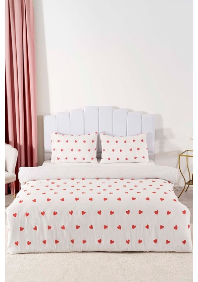 Çift Kişilik Nevresim Takımı Pamuklu Desenli Kırmızı Kalpler 200x215 Cm Beyaz - Kırmızı