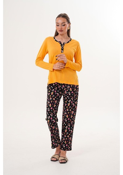 Çift Kaplan Kadın Pamuk Modal Açık Patlı Sarı Pijama Takımı 7019 Sarı