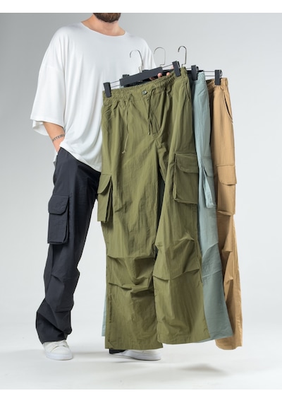 Cocopelli Tasarım Kargo Cepli Paraşüt Kumaş Yeşil Baggy Pantolon Coc3081