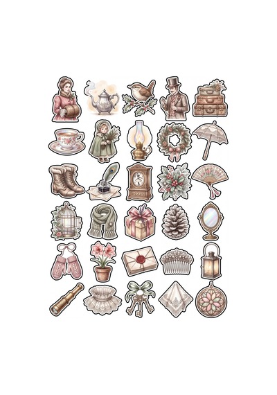 30 Adet Estetik Vintage Kış Sticker Seti - Defter Ajanda Scrapbook Telefon İçin Çok Renkli