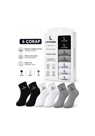 Veraura Lifestyle Erkek 12li İç Giyim Seti Pamuklu 6 Boxer 6 Çorap Çoklu Paket - Siyah - Lacivert - Gri - Beyaz Çok Renkli