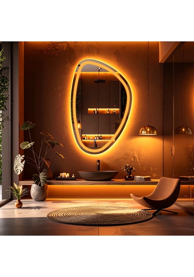 Diagonale Amber Led'li Kumlamalı Lavabo & Banyo Aynası Dokunmatik Sensörlü 70 X 45 Turuncu