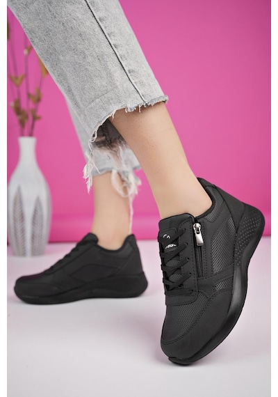 Muggo Asia Garantili Kadın Ortopedik Günlük Bağcıklı Yandan Fermuarlı Rahat Sneaker Spor Ayakkabı Siyah