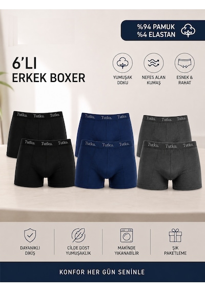 Tutku 0114 Erkek Likralı Boxer 6'lı Paket Siyah - Lacivert - Füme Tutku 0114 Erkek Likralı Boxer 6'lı Paket Siyah - Lacivert - Füme