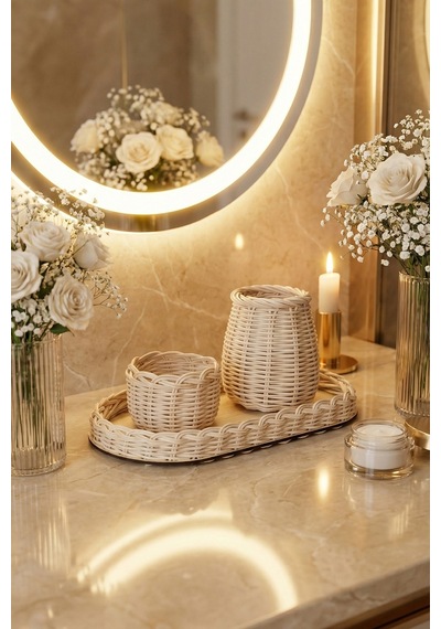 Rattan Banyo Organizer Seti Mermer Tepsi + Hasır Sepet 3'lü Set Krem