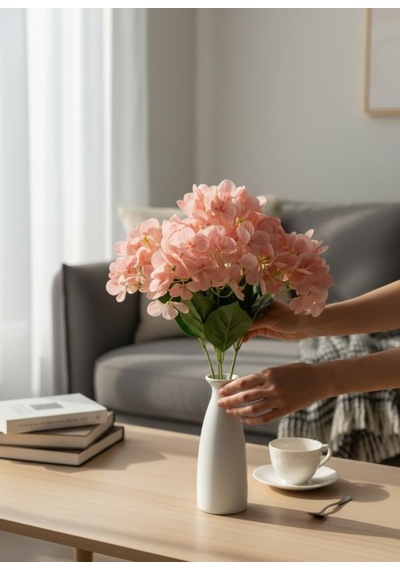 Yapay Çiçek Islak Ortanca Çiçeği Pudra Desenli Model 45cm 5dal Islak Gerçeksi Dokulu Pembe